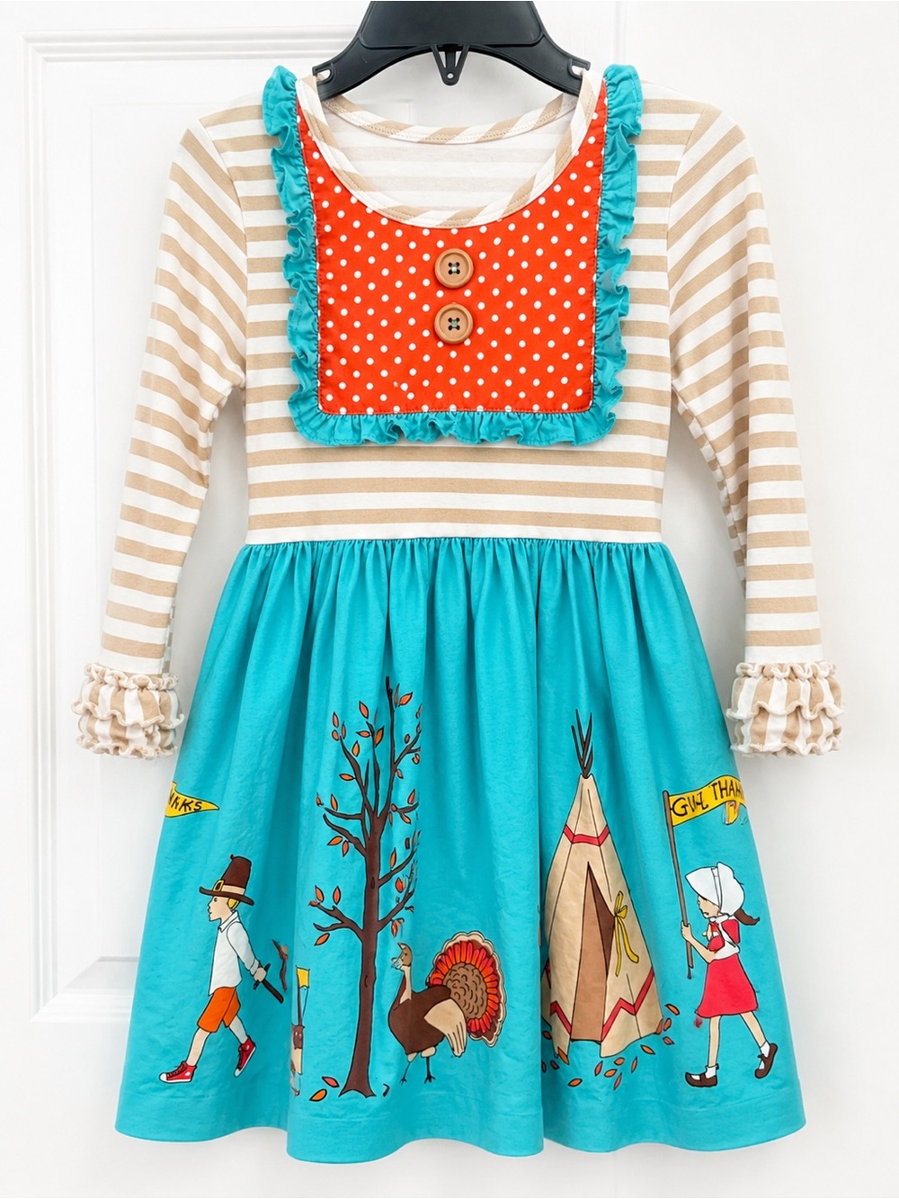 Girls Size 4/5- Eleanor Rose- Teal, Beige & Red Girls' Thanksgiving Dress